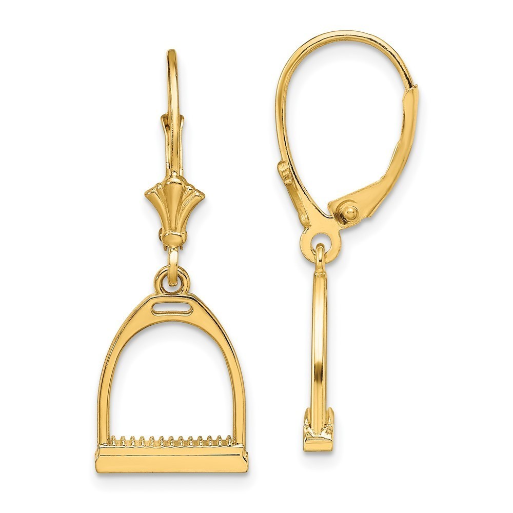 14k Yellow Gold 3-D Small Equestrian Horse Stirrup Leverback Earrings